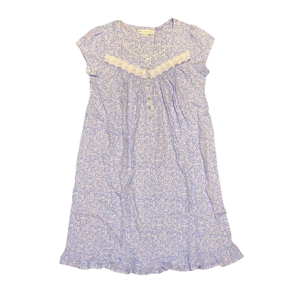 New Eileen West Nightgown Sz XS Cap Sleeve‎ Cotton Knit Jersey Blue Floral Lace